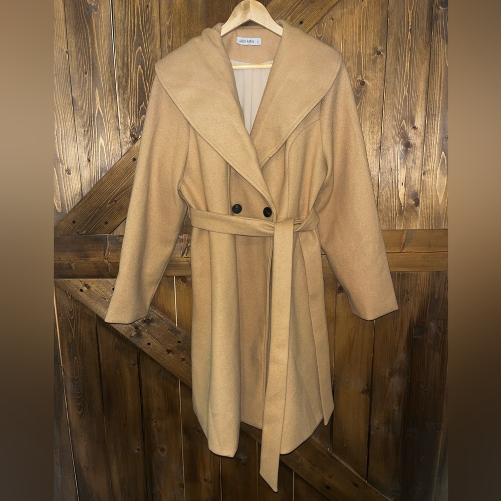 Grace Karin Tan Double-Breasted Belted Coat 2XL
